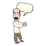 cartoon balding man explaining with speech bubble N7