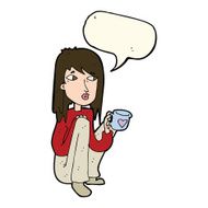 cartoon woman sitting with cup of coffee speech bubble N7