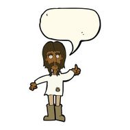 cartoon hippie man giving thumbs up symbol with speech bubble N8