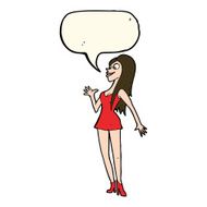 cartoon woman in pink dress with speech bubble N7