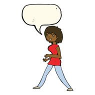 cartoon woman walking with speech bubble N7