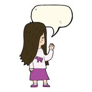cartoon girl with pony shirt waving speech bubble N6