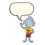 cartoon waving fish boy with speech bubble N7