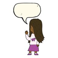 cartoon girl with pony shirt waving speech bubble N7