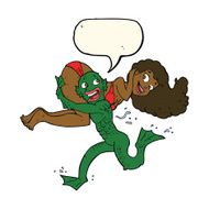 cartoon swamp monster carrying girl in bikini with speech bubble N7