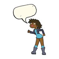 cartoon girl in leather jacket with speech bubble N8