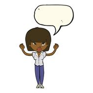 cartoon woman with raised hands speech bubble N8