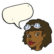 cartoon happy woman wearing aviator goggles with speech bubble N7