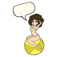 cartoon pin up girl sitting on ball with speech bubble N7