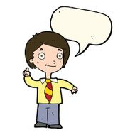 cartoon school boy answering question with speech bubble N32
