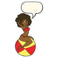 cartoon pin up girl sitting on ball with speech bubble N8