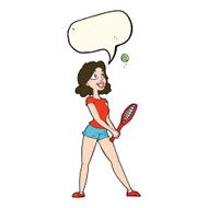 cartoon woman playing tennis with speech bubble N6