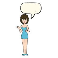 cartoon confused woman in cocktail dress with speech bubble N7