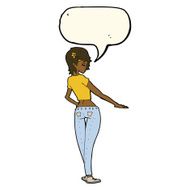 cartoon pretty girl in jeans and tee with speech bubble N8