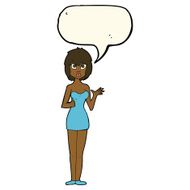 cartoon confused woman in cocktail dress with speech bubble N8