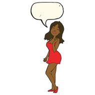 cartoon pretty woman in cocktail dress with speech bubble N8