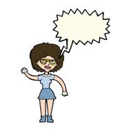 cartoon waving woman wearing spectacles with speech bubble N7
