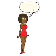 cartoon surprised woman in short dress with speech bubble N8
