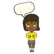 cartoon woman gesturing at self with speech bubble N20