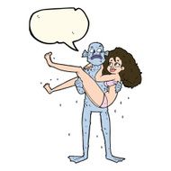 cartoon swamp monster carrying woman in bikini with speech bubbl N7