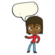 cartoon relaxed woman pointing with speech bubble N8