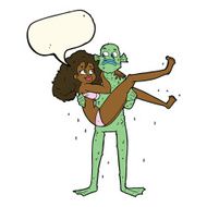 cartoon swamp monster carrying woman in bikini with speech bubbl N8