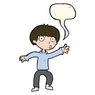 cartoon boy waving warning with speech bubble N7