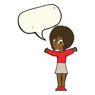 cartoon woman with open arms speech bubble N75