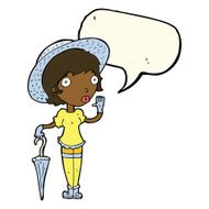 cartoon woman in summer hat waving with speech bubble N8