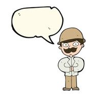 cartoon man in safari hat with speech bubble N7