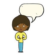 cartoon woman making Who Me? gesture with speech bubble N31