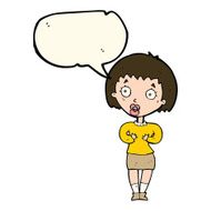 cartoon woman making Who Me? gesture with speech bubble N32