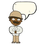 cartoon man in safari hat with speech bubble N8