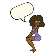 cartoon sitting woman in dress with speech bubble N8
