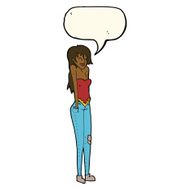 cartoon pretty woman shrugging shoulders with speech bubble N8