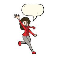 cartoon woman waving dressed for winter with speech bubble N6