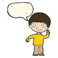 cartoon boy giving peace sign with speech bubble N6