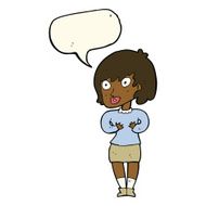 cartoon woman making Who Me? gesture with speech bubble N33