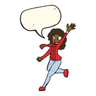 cartoon woman waving dressed for winter with speech bubble N7