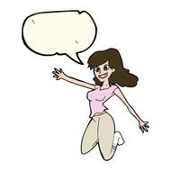 cartoon jumping woman with speech bubble N7