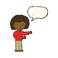 cartoon woman gesturing welcome with speech bubble N8