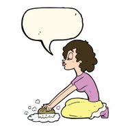 cartoon woman scrubbing floor with speech bubble N6