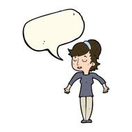 cartoon friendly woman shrugging shoulders with speech bubble N7