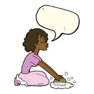 cartoon woman scrubbing floor with speech bubble N7