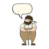cartoon farmer leaning on walking stick with speech bubble N4