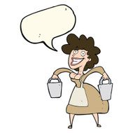 cartoon milkmaid carrying buckets with speech bubble N5