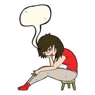 cartoon woman sitting on small stool with speech bubble N7