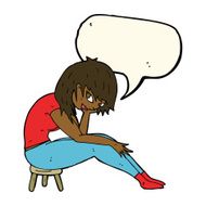 cartoon woman sitting on small stool with speech bubble N8