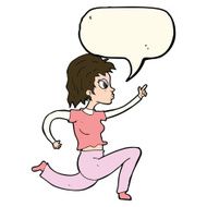 cartoon woman running and pointing with speech bubble N7