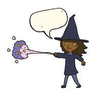 cartoon witch girl casting spell with speech bubble N15